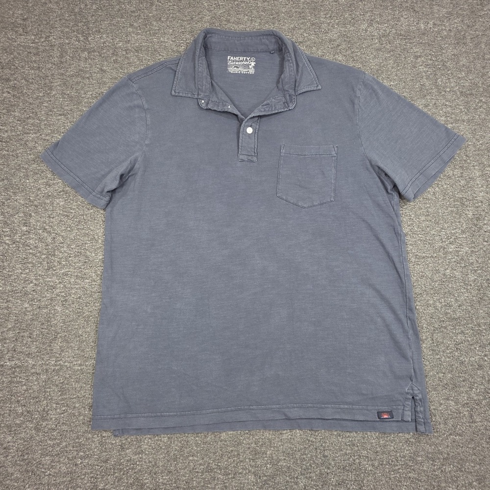 Faherty Polo Shirt Mens Sz Large Blue Sunwashed Organic Cotton Pocket Casual